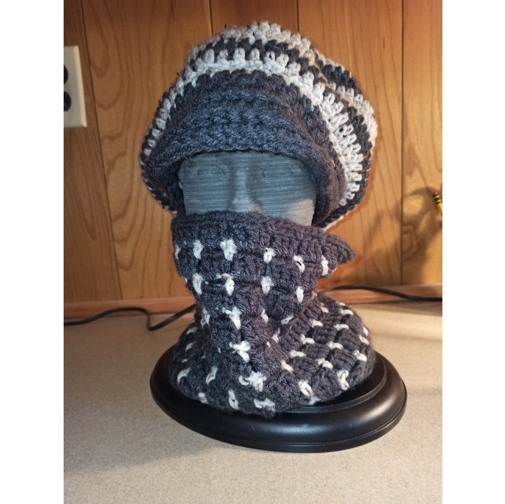 Gray and White Crocheted Hat and Cowl Scarf ( Handmade)